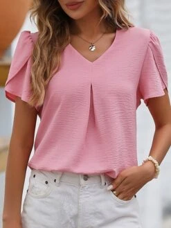 Women's Shirt Blouse Black White Pink Floral Plain Print Short Sleeve Casual Basic V Neck Regular Fit Floral Petal Sleeve