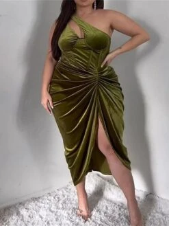 Women's Plus Size Curve Party Dress Velvet Dress Sheath Dress Plain Midi Dress Sleeveless Ruched Backless One Shoulder Fashion Party ArmyGreen Fall Winter L XL XXL 3XL 4XL