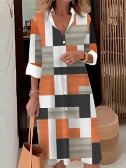 Women's Shirt Dress Casual Dress Midi Dress Outdoor Daily Date Polyester Fashion Modern Shirt Collar Button Pocket Long Sleeve Fall Winter 2023 Loose Fit Blue Orange Khaki Geometric Plaid S M L XL 2XL -Cheap Plus Fit Dress Store pymefp1695103250167
