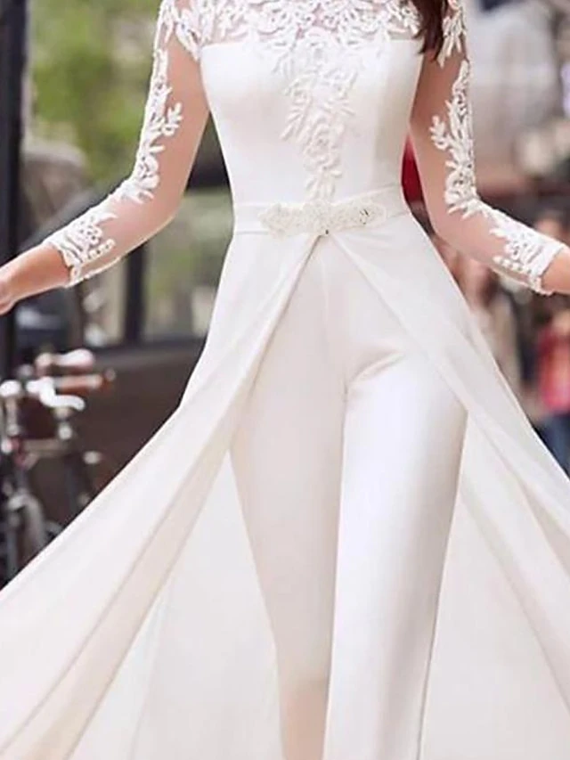 White Jumpsuit For Women Overlay Lace Solid Color Crew Neck Streetwear Wedding Party Regular Fit Long Sleeve S M L Summer Fall 2 White Jumpsuit For Women Overlay Lace Solid Color Crew Neck Streetwear Wedding Party Regular Fit Long Sleeve S M L Summer Fall - Image 2