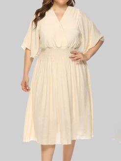 Women‘s Plus Size Curve Party Dress Wedding Guest Dress Swing Dress Midi Dress Black Beige Half Sleeve Pure Color Pleated Summer Spring Fall V Neck Party Birthday Wedding Guest Vacation 2023