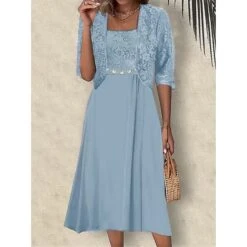 Women's Two Piece Dress Set Party Dress Lace Dress Party Wedding Guest Elegant Modern Lace Patchwork Midi Dress Crew Neck Half Sleeve Floral Plain Regular Fit Pink Blue Purple Summer Spring S M L XL -Cheap Plus Fit Dress Store pzfcbw1687230637897