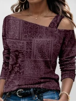 Women's Designer Shirt Red Blue Brown Graphic Print Long Sleeve Daily Weekend Fashion Diagonal Neck Regular Fit Painting Spring &Fall -Cheap Plus Fit Dress Store pzqdkn1697191625590
