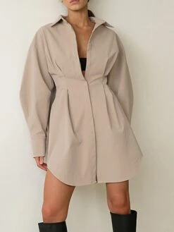 Women's Shirt Dress Casual Dress Mini Dress Outdoor Daily Date Polyester Fashion Basic Shirt Collar Button Long Sleeve Fall Winter 2023 Regular Fit Black White Brown Pure Color S M L -Cheap Plus Fit Dress Store pzrmwr1695644831937