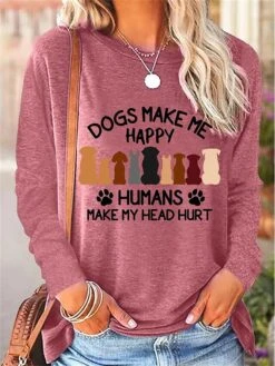Women's T Shirt Tee Pink Blue Green Dog Letter Print Long Sleeve Daily Weekend Fashion Round Neck Regular Fit Painting Spring &Fall