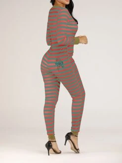 Women's Jumpsuit Button Print Striped V Neck Streetwear Christmas Street Xmas Regular Fit Long Sleeve Pink Red Blue S M L Fall -Cheap Plus Fit Dress Store qaowds1695792387104
