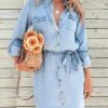 Women's Shirt Dress Casual Dress Mini Dress Outdoor Daily Denim Fashion Modern Shirt Collar Lace Up Button Long Sleeve Fall Winter 2023 Loose Fit Navy Blue Blue Pure Color S M L XL