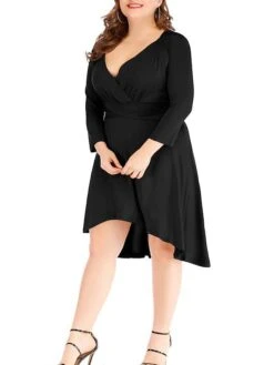 Women's Plus Size Curve Work Dress Black Dress A Line Dress Fashion Midi Dress Ruched V Neck Long Sleeve Plain Loose Fit Black Wine Blue Fall XL XXL 3XL 4XL 5XL -Cheap Plus Fit Dress Store qbcpel1693203479475