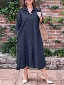 Women's Plus Size Curve Shirt Dress Casual Dress Solid Color Long Dress Maxi Dress Long Sleeve Button Pocket Shirt Collar Basic Outdoor ArmyGreen Navy Blue Fall Winter L XL XXL 3XL 4XL -Cheap Plus Fit Dress Store qbirrn1693533335594
