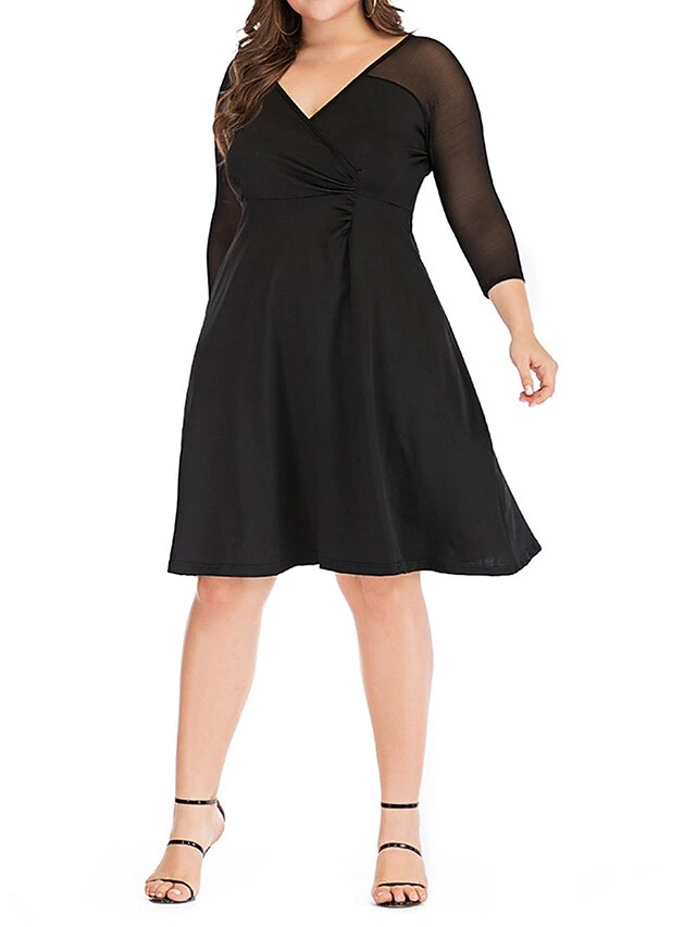 Women‘s Plus Size Curve Work Dress Black Dress Semi Formal Dress Fashion Midi Dress Mesh V Neck 3/4 Length Sleeve Plain Loose Fit Black Spring Fall XL XXL 3XL 4XL 5XL 1 Women‘s Plus Size Curve Work Dress Black Dress Semi Formal Dress Fashion Midi Dress Mesh V Neck 3/4 Length Sleeve Plain Loose Fit Black Spring Fall XL XXL 3XL 4XL 5XL