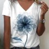 Women's T Shirt Tee Blue Purple Green Floral Print Short Sleeve Casual Holiday Weekend Basic V Neck Regular Fit Floral Painting