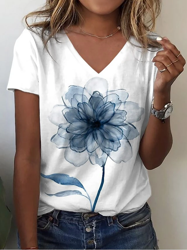 Women's T Shirt Tee Blue Purple Green Floral Print Short Sleeve Casual Holiday Weekend Basic V Neck Regular Fit Floral Painting 1 Women's T Shirt Tee Blue Purple Green Floral Print Short Sleeve Casual Holiday Weekend Basic V Neck Regular Fit Floral Painting