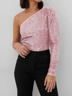 Women's Bodysuit Sequin Solid Color One Shoulder Streetwear Party Street Slim Long Sleeve Black White Pink S M L Fall -Cheap Plus Fit Dress Store qboryv1697184644925