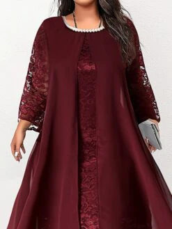 Women's Plus Size Curve Party Dress Casual Dress Lace Dress Plain Midi Dress Long Sleeve Lace Patchwork Crew Neck Fashion Party Black Wine Fall Winter L XL XXL 3XL 4XL -Cheap Plus Fit Dress Store qbqlak1694422502686