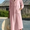 Women's Cotton Linen Dress Shift Dress A Line Dress Maxi Long Dress Linen Cotton Blend Hot Casual Daily Vacation Shirt Collar Pocket 3/4 Length Sleeve Summer Spring Linen Loose Fit Black Pink Wine
