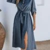 Women's Shirt Dress Casual Dress Midi Dress Outdoor Daily Date Polyester Basic Classic Shirt Collar Lace Up Button Long Sleeve Spring Fall Winter 2023 Loose Fit Navy Blue Pure Color S M L XL