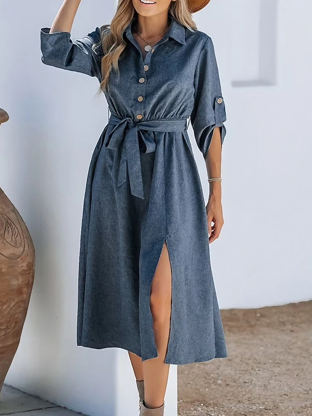 Women's Shirt Dress Casual Dress Midi Dress Outdoor Daily Date Polyester Basic Classic Shirt Collar Lace Up Button Long Sleeve Spring Fall Winter 2023 Loose Fit Navy Blue Pure Color S M L XL 1 Women's Shirt Dress Casual Dress Midi Dress Outdoor Daily Date Polyester Basic Classic Shirt Collar Lace Up Button Long Sleeve Spring Fall Winter 2023 Loose Fit Navy Blue Pure Color S M L XL
