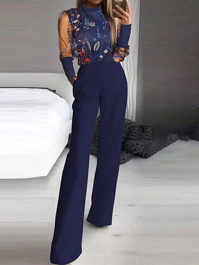 Jumpsuits For Women Summer Dressy Mesh Embroidered Floral Stand Collar Elegant Party Street Regular Fit Long Sleeve Blue S M L Spring Fall 4 Jumpsuits For Women Summer Dressy Mesh Embroidered Floral Stand Collar Elegant Party Street Regular Fit Long Sleeve Blue S M L Spring Fall - Image 4