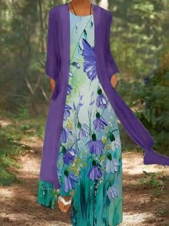 Women's Casual Dress Dress Set Two Piece Dress Long Dress Maxi Dress Blue Purple Long Sleeve Floral Print Summer Spring Crew Neck Vacation Winter Dress Fall Dress Loose Fit 2023 M L XL XXL 3XL 4XL 5XL