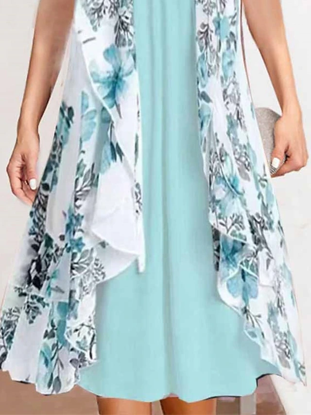 Women's Two Piece Dress Set Casual Dress Chiffon Dress Daily Holiday Fashion Modern Print Midi Dress Crew Neck Short Sleeve Floral Regular Fit Blue Summer Spring S M L XL XXL 3 Women's Two Piece Dress Set Casual Dress Chiffon Dress Daily Holiday Fashion Modern Print Midi Dress Crew Neck Short Sleeve Floral Regular Fit Blue Summer Spring S M L XL XXL - Image 3
