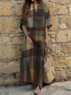 Women's Casual Dress A Line Dress Kaftan Dress Long Dress Maxi Dress Cotton Basic Mature Daily Vacation V Neck Loose Long Sleeve Summer Spring 2023 Regular Fit Blue Orange Brown Plaid S M L XL XXL -Cheap Plus Fit Dress Store qdtlxd1672886147430