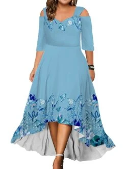 Women‘s Plus Size Curve Party Dress Wedding Guest Dress Swing Dress Long Dress Maxi Dress Pink Blue Green 3/4 Length Sleeve Floral Cold Shoulder Summer Spring Fall V Neck Fashion Birthday -Cheap Plus Fit Dress Store qdyrzq1690280938925