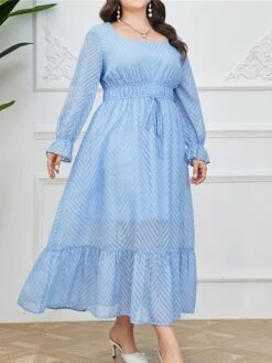Women's Plus Size Prom Dress Party Dress Corset Dress Long Dress Maxi Dress Light Blue Long Sleeve Pure Color Drawstring Fall Winter Autumn Square Neck Fashion Winter Dress Evening Party Wedding Guest -Cheap Plus Fit Dress Store qebeyu1693535310744