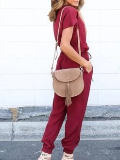 Black Jumpsuit For Women Lace Up Patch PocketSolid Color V Neck Streetwear Daily Vacation Loose Fit Short Sleeve Wine Blue S M L Spring -Cheap Plus Fit Dress Store qelbew1676363683778