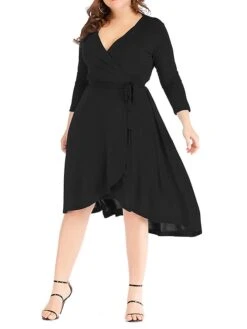 Women‘s Plus Size Curve Work Dress Semi Formal Dress Wrap Dress Fashion Midi Dress Lace Up V Neck Long Sleeve Plain Regular Fit Black Blue Spring Fall XL XXL 3XL 4XL 5XL -Cheap Plus Fit Dress Store qeoeae1691402323479