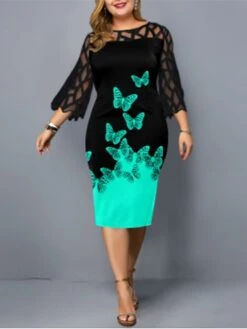 Women‘s Plus Size Curve Work Dress Sheath Dress Floral Butterfly Midi Dress 3/4 Length Sleeve Lace Print Crew Neck Elegant Outdoor Black Khaki Fall Spring XL XXL 3XL 4XL 5XL