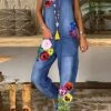 Denim Jumpsuit For Women Overall Pocket Print Floral U Neck Active Vacation Weekend Cargo Pants Loose Fit Sleeveless Sleeveless Dark Gray Light Blue S M L Summer Fall Cowgirl Jeans & Western Wear