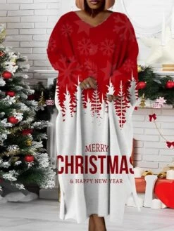 Women‘s Plus Size Christmas Dress Santa Claus V Neck Long Sleeve Winter Fall Modern Maxi Long Dress Daily Dress -Cheap Plus Fit Dress Store qfsqxk1668158264792