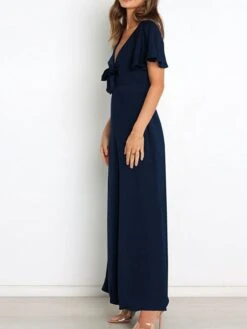 Women's Jumpsuit Ruffle Backless Solid Color V Neck Streetwear Street Daily Regular Fit Short Sleeve Green Wine Navy Blue S M L Spring / Bow -Cheap Plus Fit Dress Store qfwtdf1647857555211