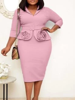 Women‘s Plus Size Curve Easter Dress Work Dress Solid Color Shirt Collar 3/4 Length Sleeve Spring Fall Work Elegant Casual Knee Length Dress Formal Dress -Cheap Plus Fit Dress Store qfyegw1638843639153