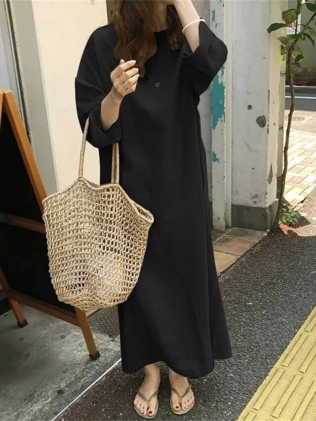 Women's Casual Dress Cotton Linen Dress Shift Dress Midi Dress Linen / Cotton Blend Fashion Classic Outdoor Daily Vacation Crew Neck Pocket Long Sleeve Fall Winter Autumn 2023 Loose Fit Black Yellow 5 Women's Casual Dress Cotton Linen Dress Shift Dress Midi Dress Linen / Cotton Blend Fashion Classic Outdoor Daily Vacation Crew Neck Pocket Long Sleeve Fall Winter Autumn 2023 Loose Fit Black Yellow - Image 5