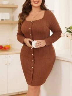Women's Plus Size Party Dress Cocktail Dress Bodycon Mini Dress Brown Long Sleeve Pure Color Button Fall Winter Autumn Square Neck Fashion Winter Dress Vacation Fall Dress 2023 XL XXL 3XL