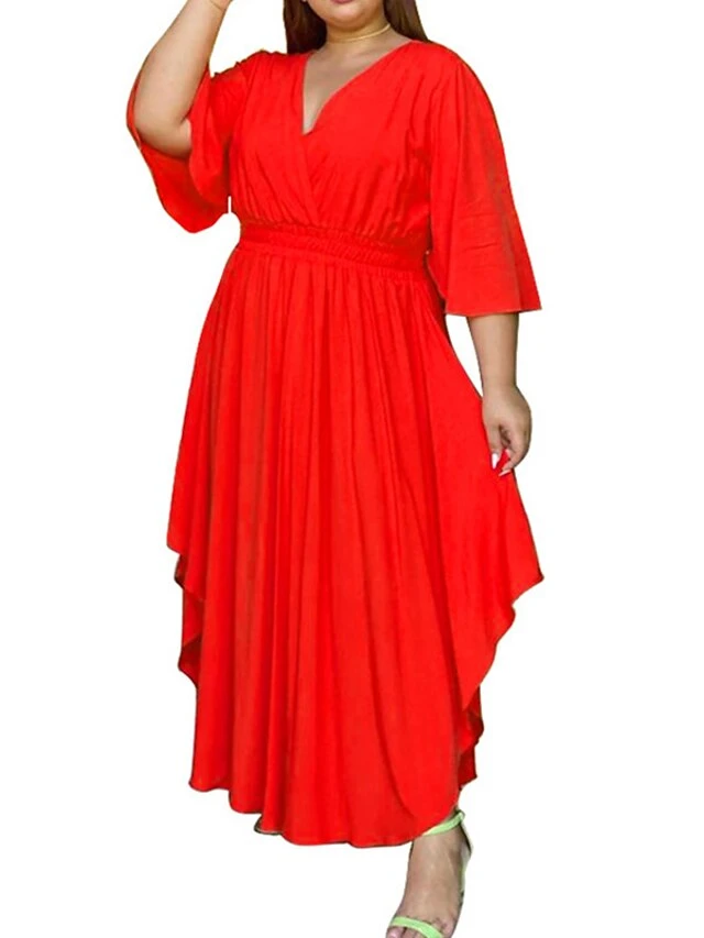 Women‘s Plus Size Curve Holiday Dress Solid Color V Neck Half Sleeve Fall Spring Basic Maxi Long Dress Date Vacation Dress 2 Women‘s Plus Size Curve Holiday Dress Solid Color V Neck Half Sleeve Fall Spring Basic Maxi Long Dress Date Vacation Dress - Image 2