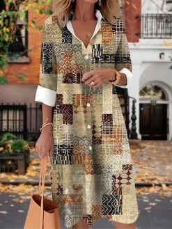 Women's Shirt Dress Casual Dress Midi Dress Outdoor Daily Date Polyester Fashion Modern Shirt Collar Button Pocket Long Sleeve Fall Winter 2023 Loose Fit Yellow Pink Blue Geometric Color Block Tribal