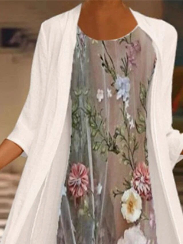 Women's Dress Set Two Piece Dress Chiffon Dress Midi Dress Beige 3/4 Length Sleeve Floral Chiffon Fall Winter Autumn Crew Neck Stylish Loose Fit 2023 M L XL XXL 3XL 4XL 5XL 3 Women's Dress Set Two Piece Dress Chiffon Dress Midi Dress Beige 3/4 Length Sleeve Floral Chiffon Fall Winter Autumn Crew Neck Stylish Loose Fit 2023 M L XL XXL 3XL 4XL 5XL - Image 3