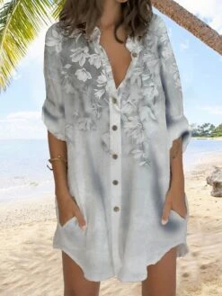 Women's Shirt Dress Casual Dress Shift Dress Mini Dress Outdoor Daily Vacation Polyester Fashion Casual Stand Collar Button Pocket Long Sleeve Summer Spring Fall 2023 Regular Fit Blue Purple Gray -Cheap Plus Fit Dress Store qgznol1677232675813