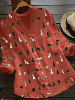 Women's Shirt Blouse Cotton White Yellow Pink Cat Pocket Print Long Sleeve Casual Basic V Neck Regular Fit Spring Fall -Cheap Plus Fit Dress Store qhcgna1686652707307
