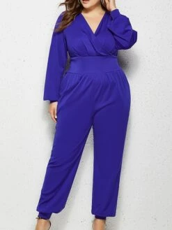 Women's Jumpsuit Pocket Solid Color V Neck Streetwear Daily Vacation Regular Fit Long Sleeve Red Royal Blue XXL 3XL 4XL Fall -Cheap Plus Fit Dress Store qhfvib1675240211376