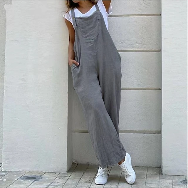 Women's Pants Trousers Overalls Trug Life Dungarees Baggy Faux Linen Black Gray Mid Waist Slouch Daily Weekend Full Length Breathable Plain S M L XL XXL 4 Women's Pants Trousers Overalls Trug Life Dungarees Baggy Faux Linen Black Gray Mid Waist Slouch Daily Weekend Full Length Breathable Plain S M L XL XXL - Image 4