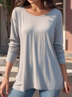 Women's T Shirt Tee Gray Plain Long Sleeve Daily Weekend Basic Round Neck Regular Fit Fall & Winter