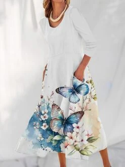 Women's Casual Dress Cotton Linen Dress Swing Dress Maxi Long Dress Polyester Fashion Casual Daily Outdoor Daily Vacation V Neck Split Print Long Sleeve Summer Spring Fall 2023 Loose Fit White Navy