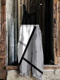 Women's Jumpsuit Print Geometric Crew Neck Holiday Wedding Party Straight Loose Fit Strap Black White S M L All Seasons