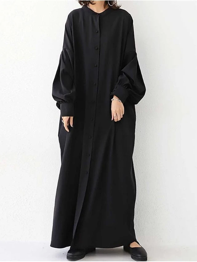 Women's Casual Dress Cotton Linen Dress Abaya Maxi Long Dress Linen / Cotton Blend Basic Classic Outdoor Daily Vacation Crew Neck Button Long Sleeve Spring Fall Winter 2023 Loose Fit Black Apricot 8 Women's Casual Dress Cotton Linen Dress Abaya Maxi Long Dress Linen / Cotton Blend Basic Classic Outdoor Daily Vacation Crew Neck Button Long Sleeve Spring Fall Winter 2023 Loose Fit Black Apricot - Image 8