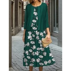 Women's Two Piece Dress Set Casual Dress Swing Dress Outdoor Office Fashion Streetwear Print Midi Dress Crew Neck 3/4 Length Sleeve Floral Regular Fit Red Green Fall Winter S M L XL XXL