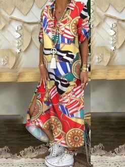 Women's Shirt Dress Swing Dress Maxi Long Dress Outdoor Daily Vacation Cotton Linen Stylish Modern Shirt Collar Split Print Short Sleeve Summer Spring 2023 Loose Fit Black Red Blue Geometric Letter -Cheap Plus Fit Dress Store qifgrs1642499785527