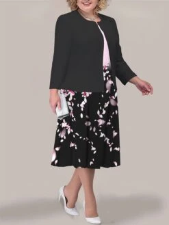 Women's Plus Size Curve Two Piece Dress Set Casual Dress Print Dress Outdoor Office Fashion Streetwear Print Midi Dress Crew Neck Long Sleeve Floral Black Light Green Blue Fall Winter L XL XXL -Cheap Plus Fit Dress Store qjcjtx1693295636264